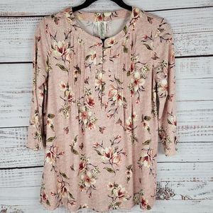 Perseption Pink Floral 1/4 Buttons Pleated Long Sleeve Blouse Size Small NWOT
